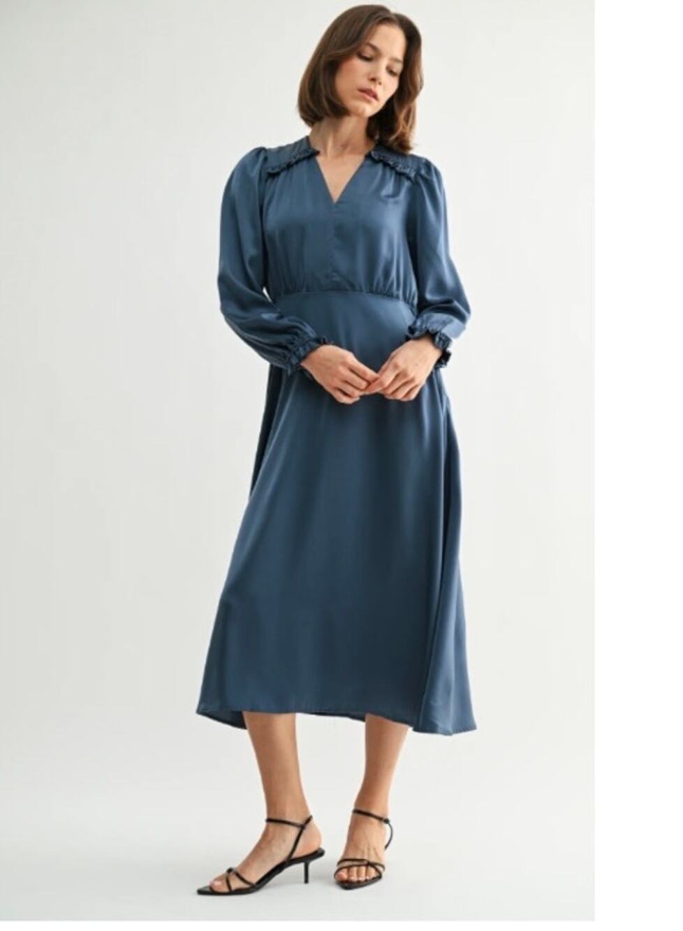 Bohme V Neck Satin Midi Dress Slate Blue Large EUC
